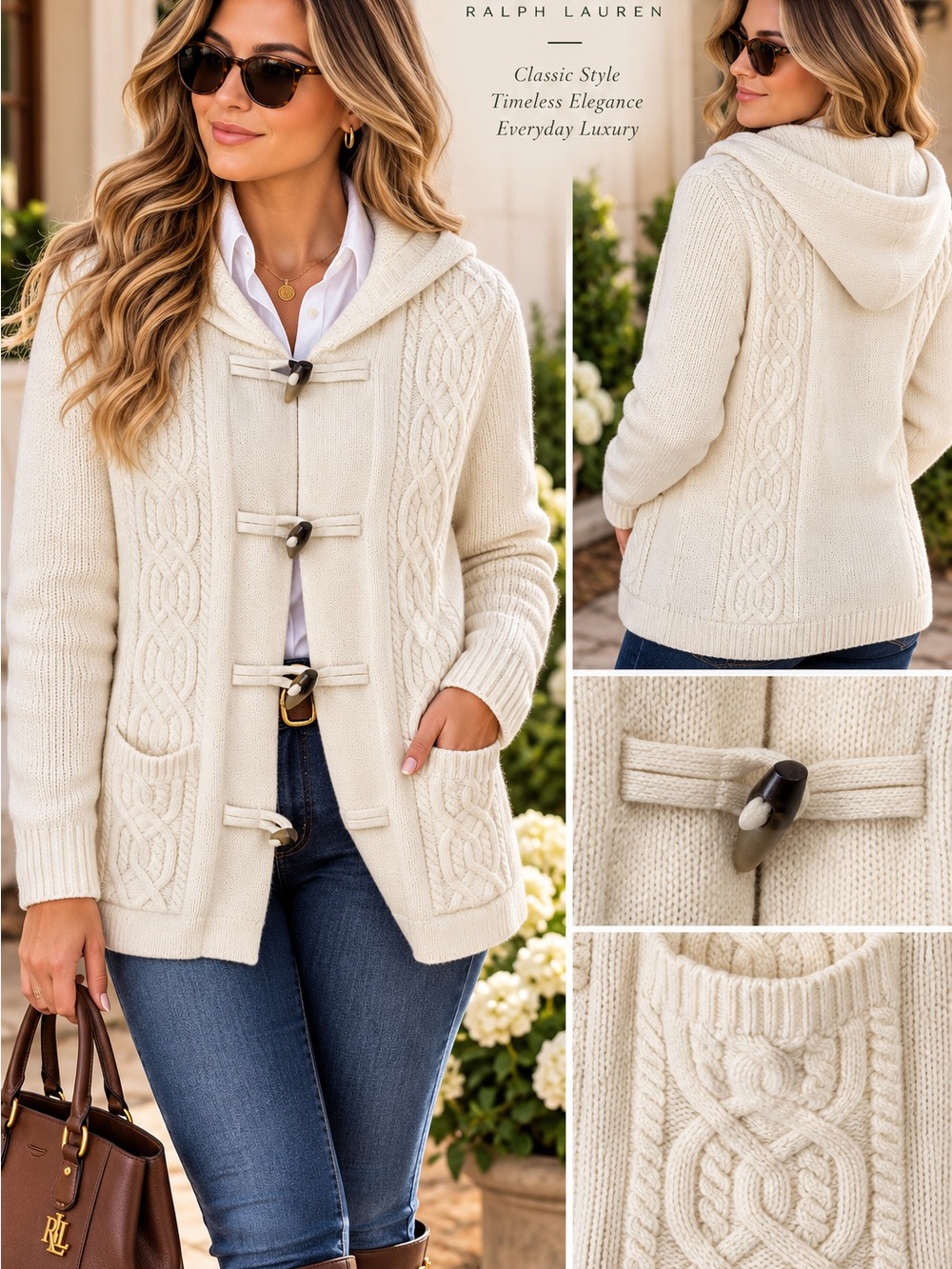 Lauren Ralph Lauren Cream Cable-Knit Hooded Toggle Preppy Old Money Sweater M/P